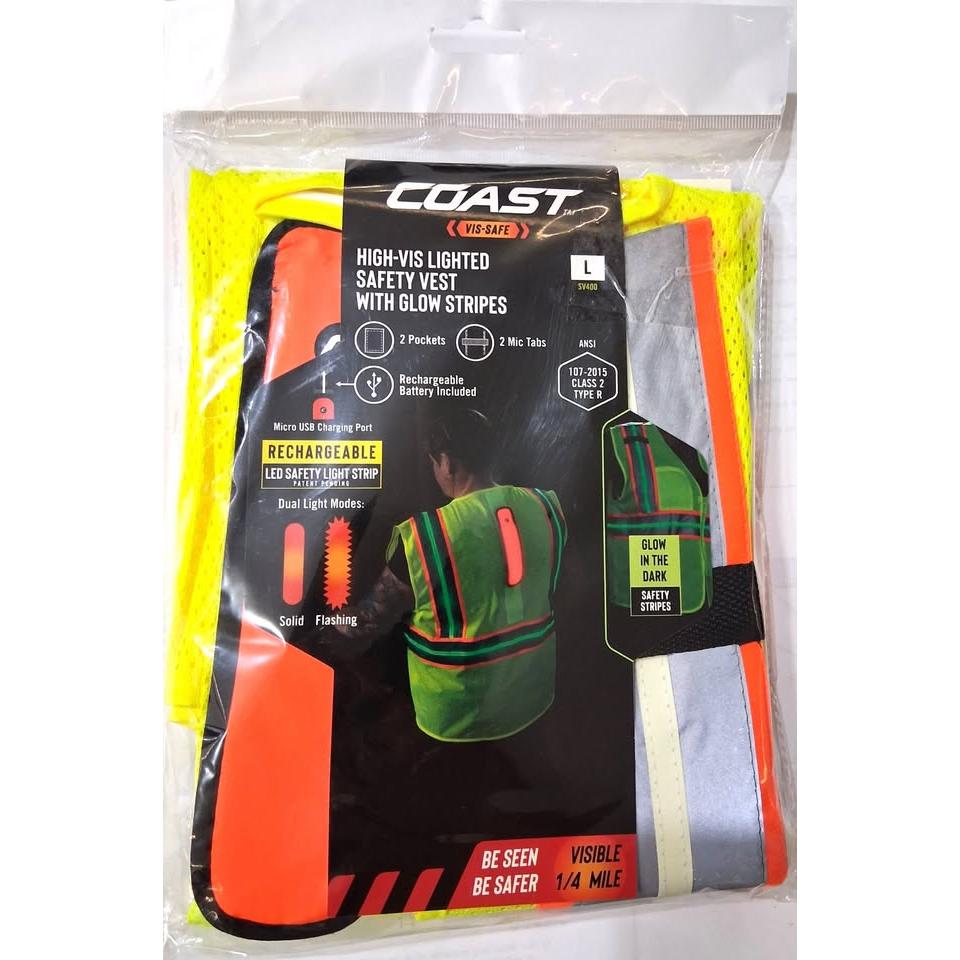 Coast Vis-Safe SV400 High-Vis Lighted Safety Vest – Rechargeable LED, ANSI Class 2 (Size L)