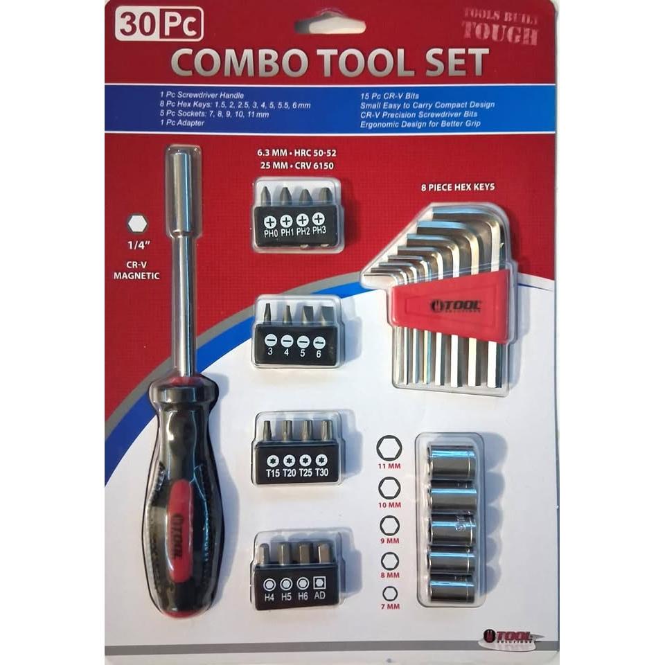 TOOL SOLUTIONS 30 PC Combo Tool Set Destornillador Llaves Allen Dados Puntas Cr-V Métrico