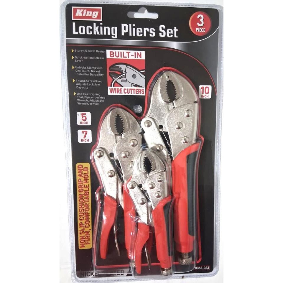 KING Juego 3 Alicates de Presión Locking Pliers 5" 7" y 10" con Cortaalambres Integrado