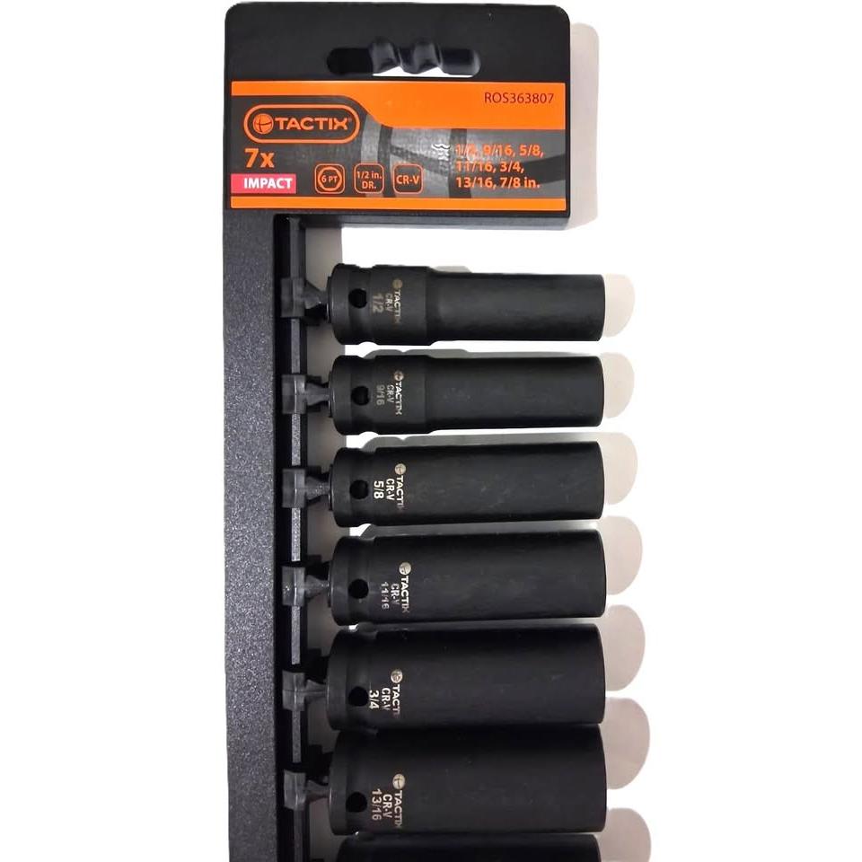 TACTIX Set 7 Dados Largos de Impacto 1/2" Drive SAE Cr-V 6PT Black Finish