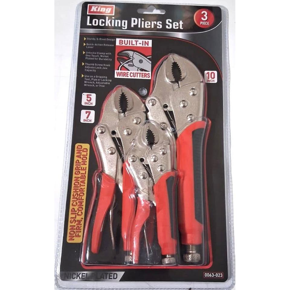 KING Juego 3 Alicates de Presión Locking Pliers 5" 7" y 10" con Cortaalambres Integrado