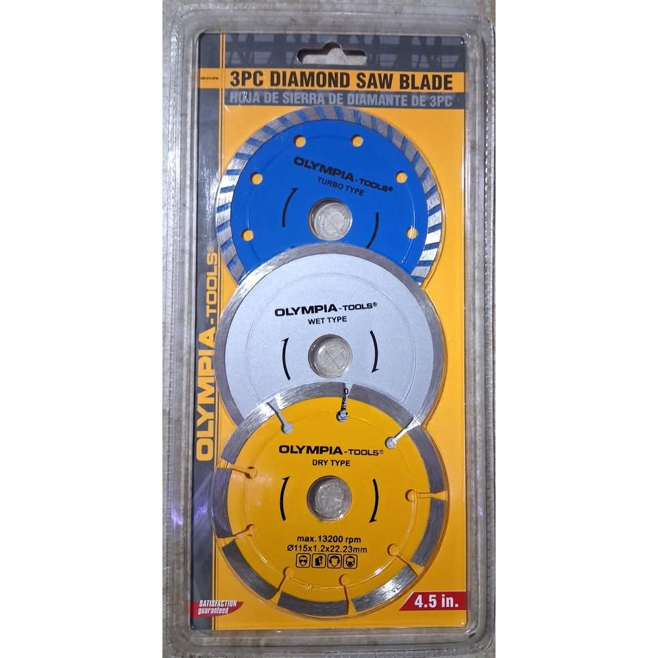 Set 3 Discos Diamante 4.5" Olympia Tools – Turbo + Corte Húmedo + Corte Seco | 13,200 RPM | Concreto, Ladrillo y Cerámica
