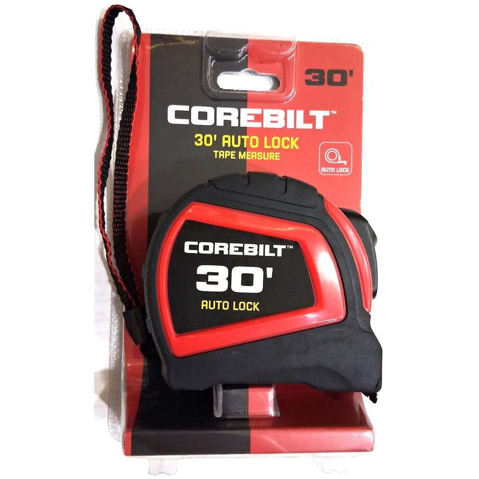 CoreBilt 30' Auto Lock Tape Measure – Red, Nylon-Coated Blade
