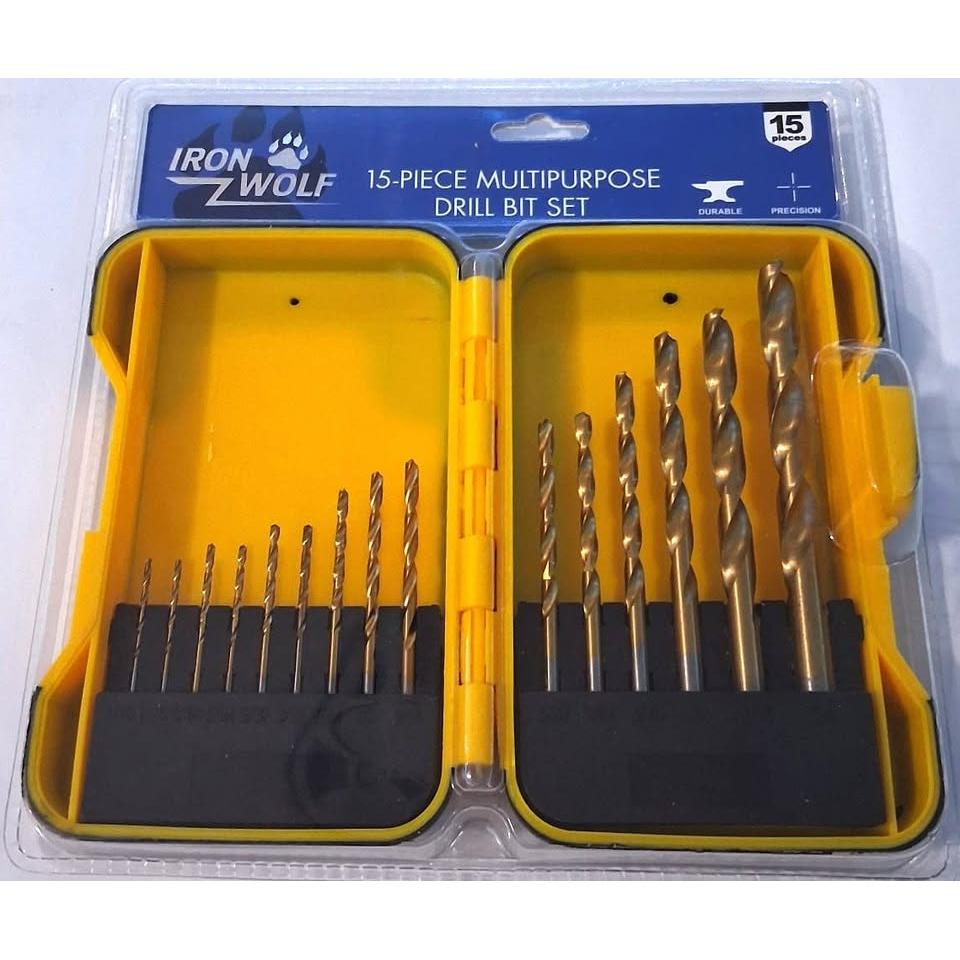 Set 15 Brocas Multiusos Iron Wolf – HSS Acero Carbono con Titanio | Estuche Amarillo | Durable & Precision