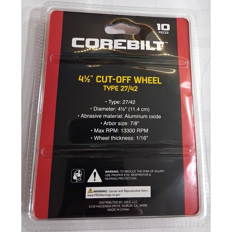 Discos de Corte 4-1/2" Corebilt – Pack 10 Piezas | Tipo 27/42 | Óxido de Aluminio | 1/16" x 7/8" | 13,300 RPM