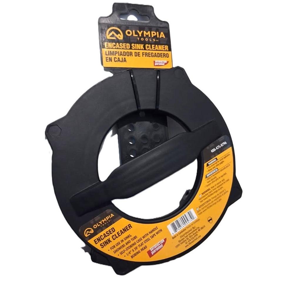 Olympia Tools Encased Sink Cleaner – 1/4" x 20 ft Flat Steel Drain Snake with Case