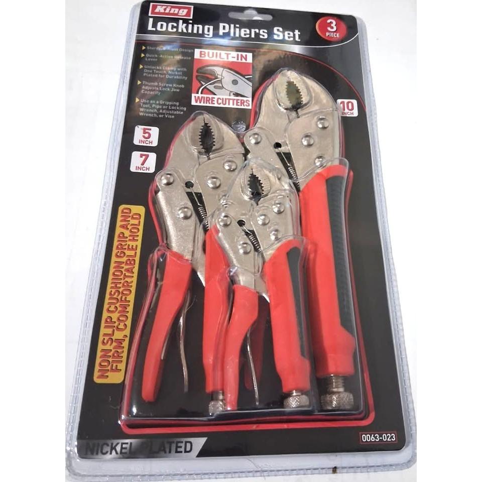 KING Juego 3 Alicates de Presión Locking Pliers 5" 7" y 10" con Cortaalambres Integrado