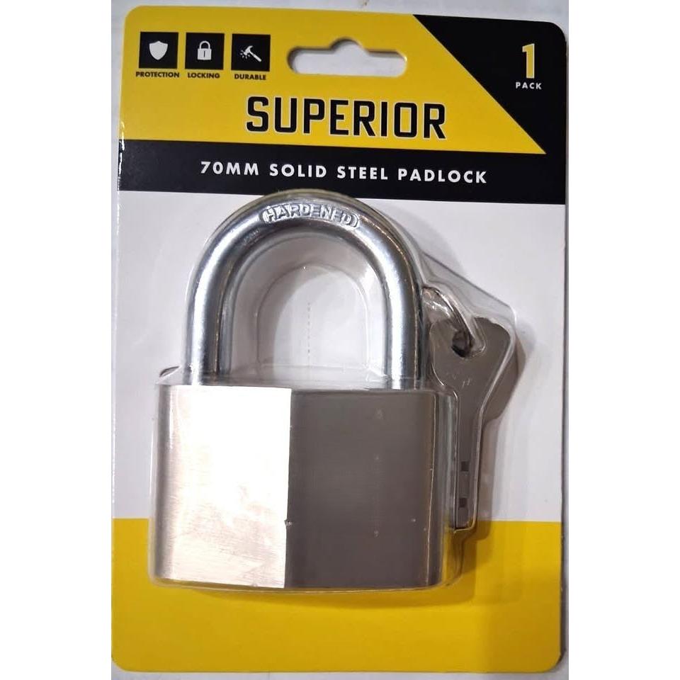 Superior 70mm Solid Steel Padlock – Hardened Shackle, Weather Resistant