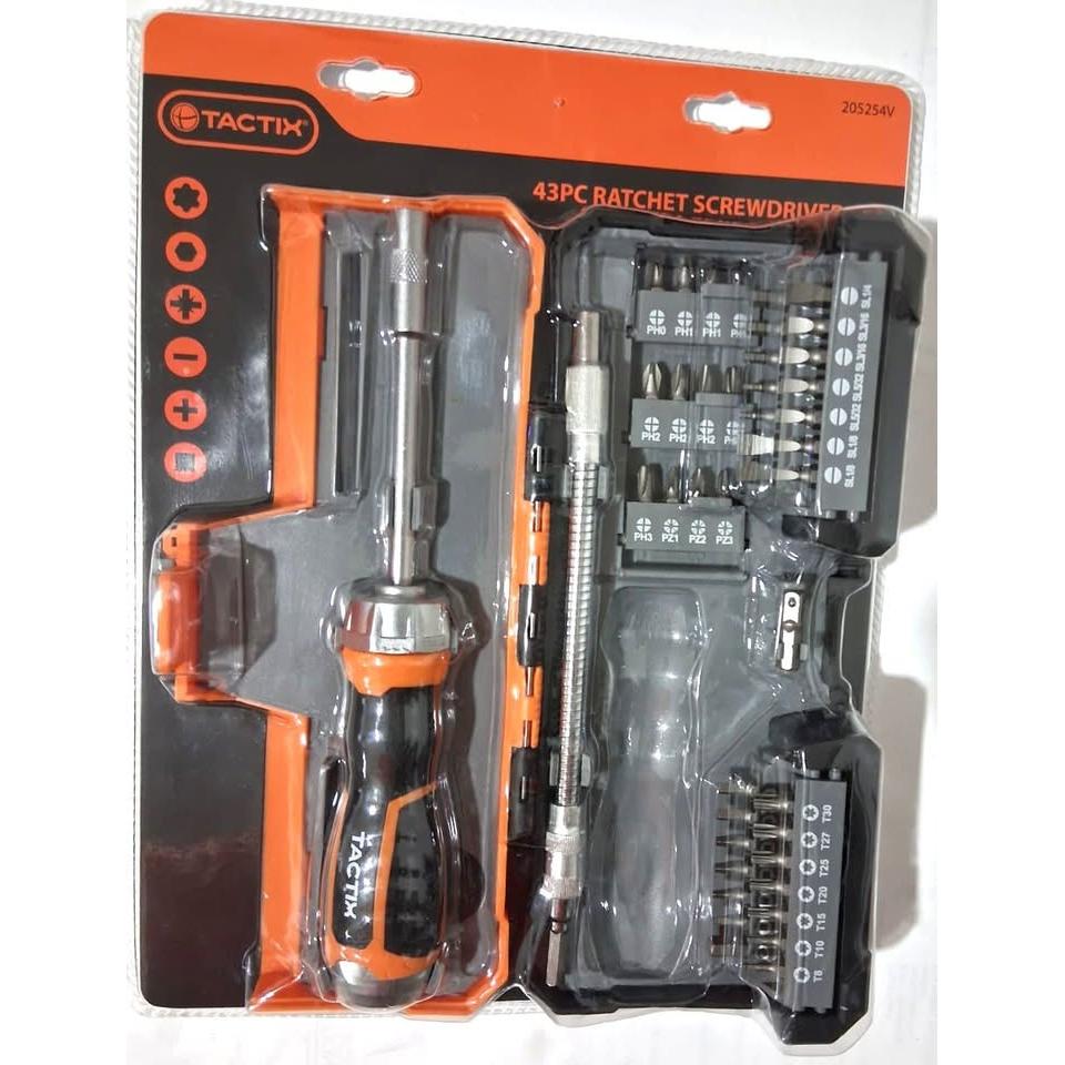 Set 43 Piezas Destornillador Ratchet TACTIX – Long Reach | Barra Extensión Flexible | 40 Puntas PH, PZ, Slotted, Square, Hex y Torx | Modelo 205254V