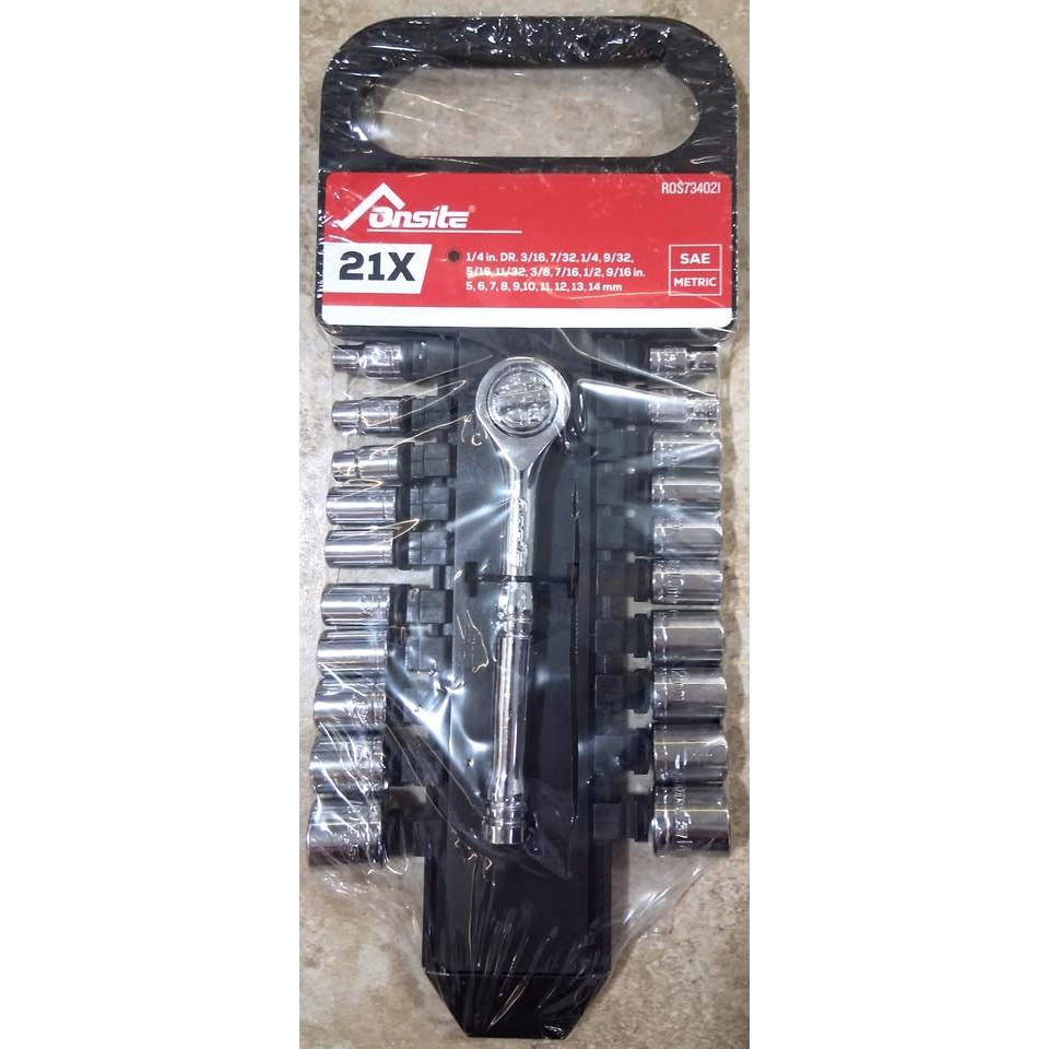 Set 21 Piezas Dados y Carraca Onsite – 1/4" Drive | 20 Dados SAE y Métrico + Ratchet Cromado | Soporte con Asa | Modelo ROS73402I
