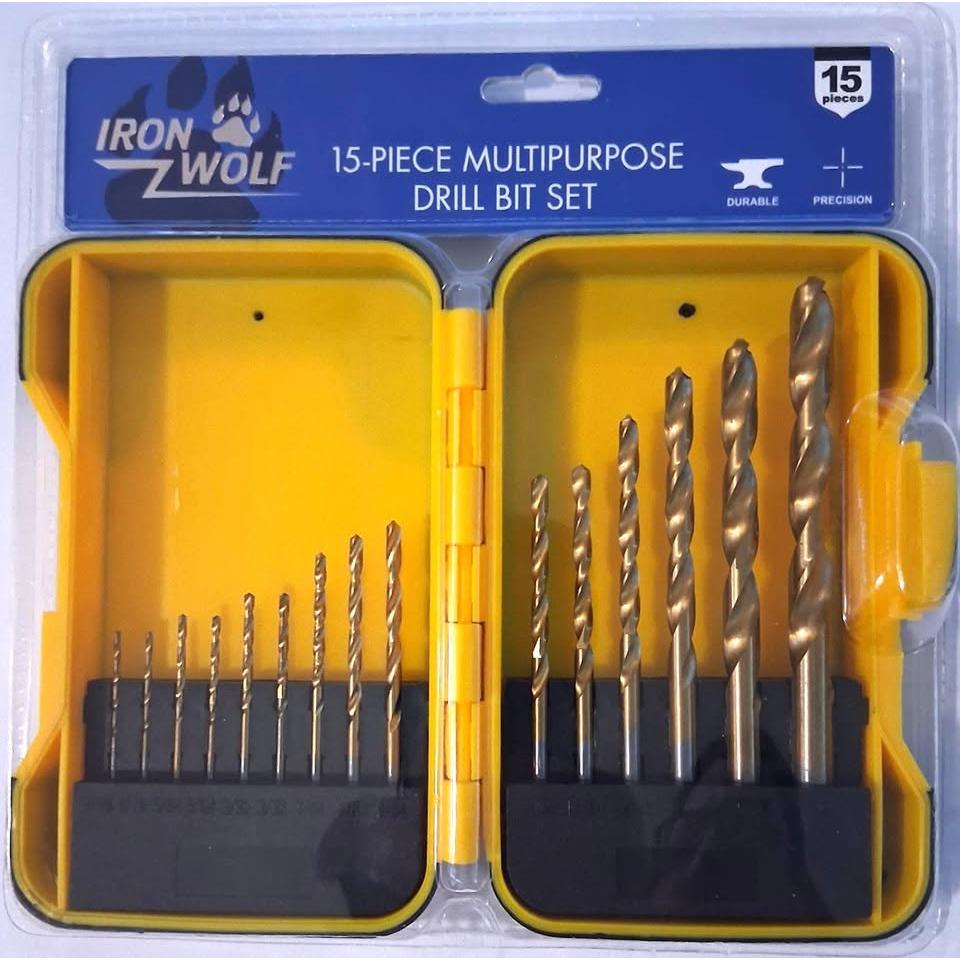 Set 15 Brocas Multiusos Iron Wolf – HSS Acero Carbono con Titanio | Estuche Amarillo | Durable & Precision