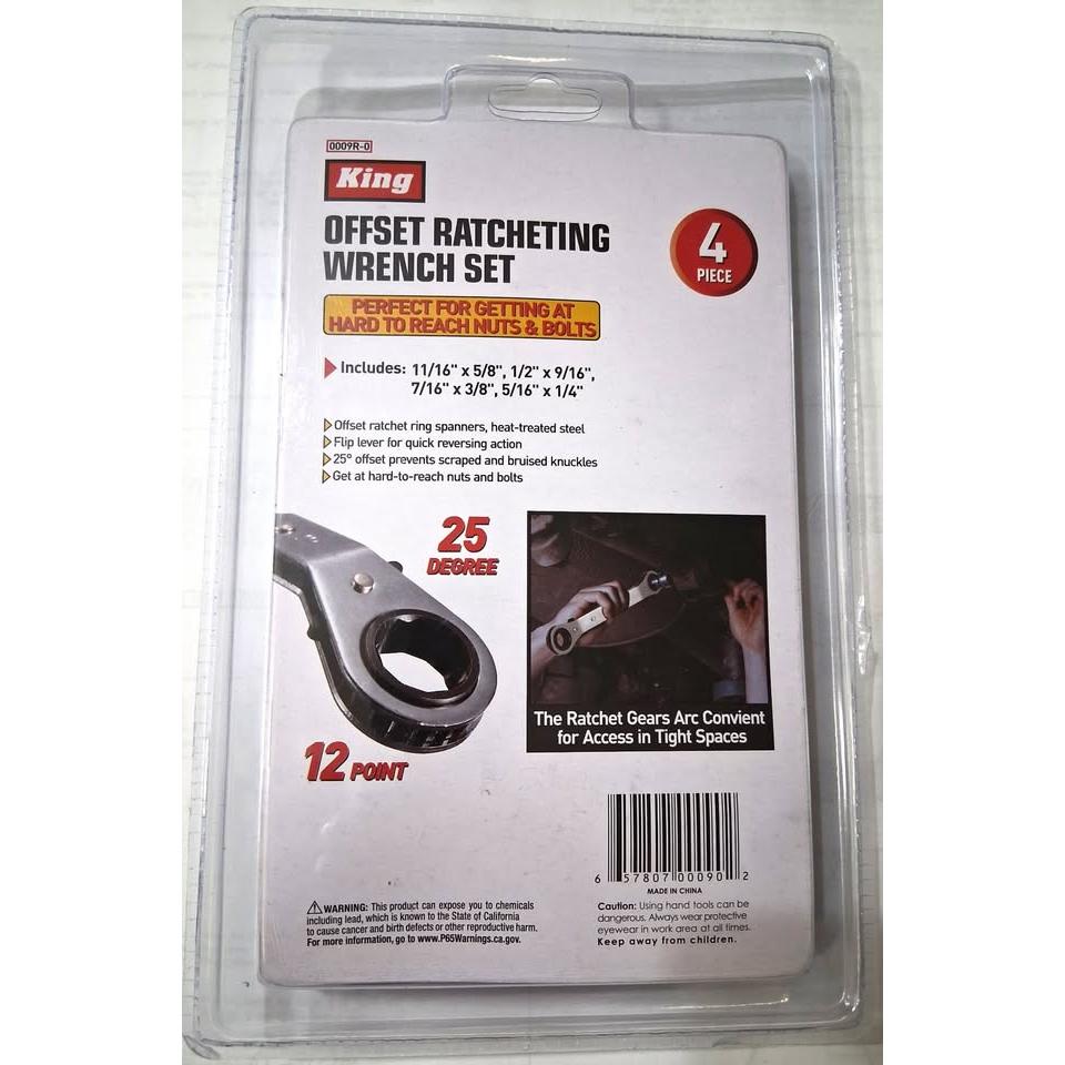 Set 4 Llaves Matraca Offset SAE King – 25° | 12 Puntas | Double Ended Reversible | 1/4"-11/16" | Acero Tratado Térmicamente | Modelo 0009R-0
