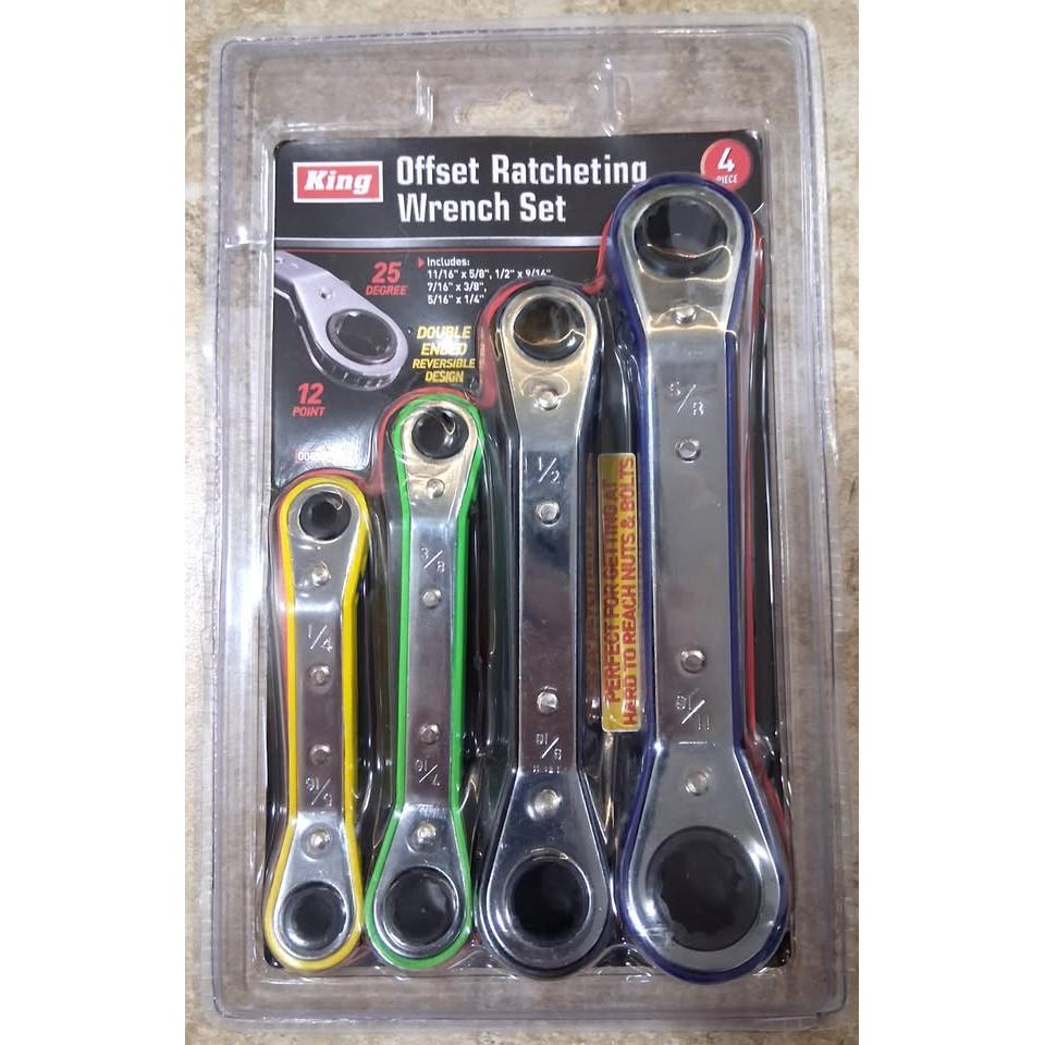 Set 4 Llaves Matraca Offset SAE King – 25° | 12 Puntas | Double Ended Reversible | 1/4"-11/16" | Acero Tratado Térmicamente | Modelo 0009R-0