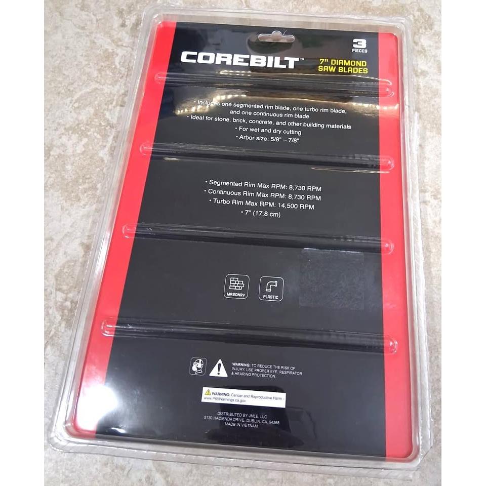 Discos de Corte Diamante 7" Corebilt – Pack 3 Piezas | Segmentado + Turbo + Continuo | Corte Húmedo y Seco