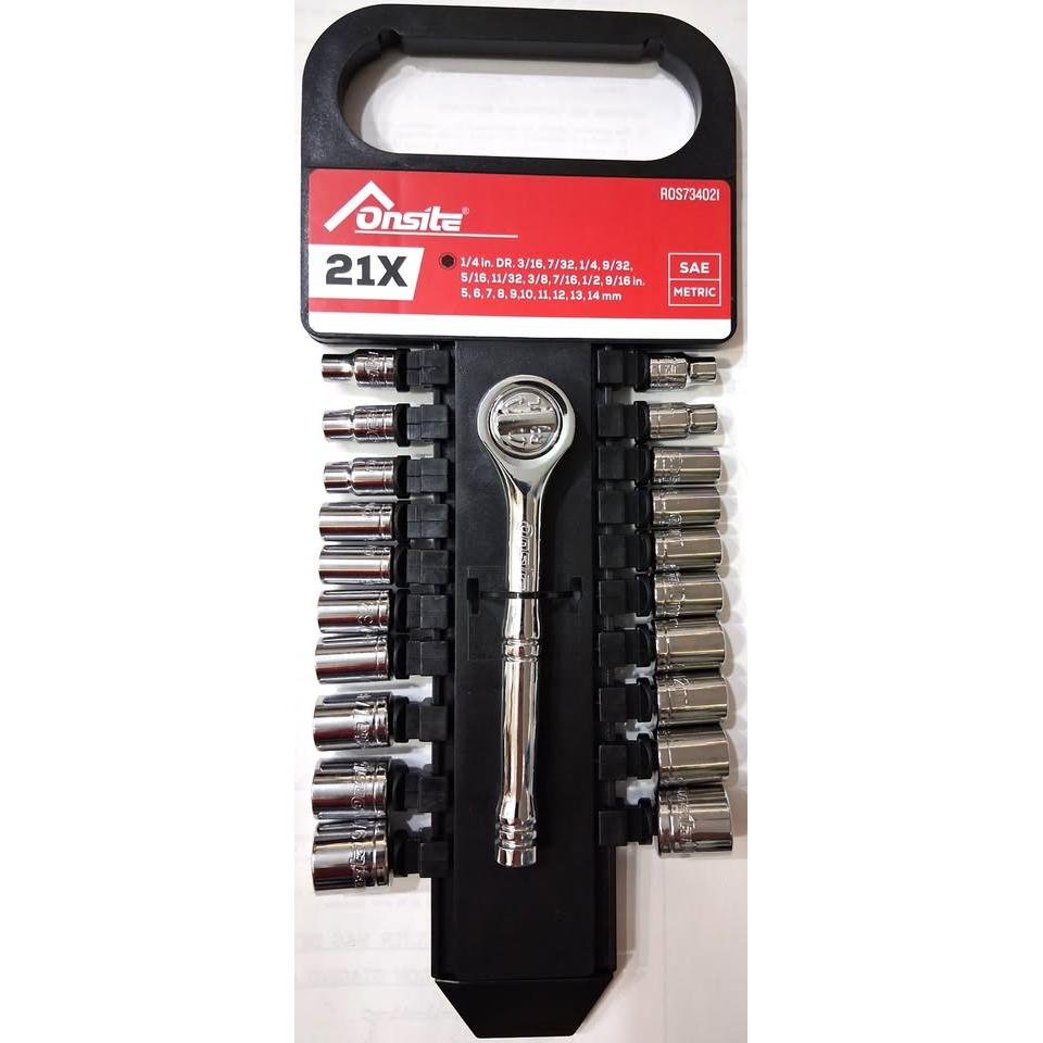 Set 21 Piezas Dados y Carraca Onsite – 1/4" Drive | 20 Dados SAE y Métrico + Ratchet Cromado | Soporte con Asa | Modelo ROS73402I