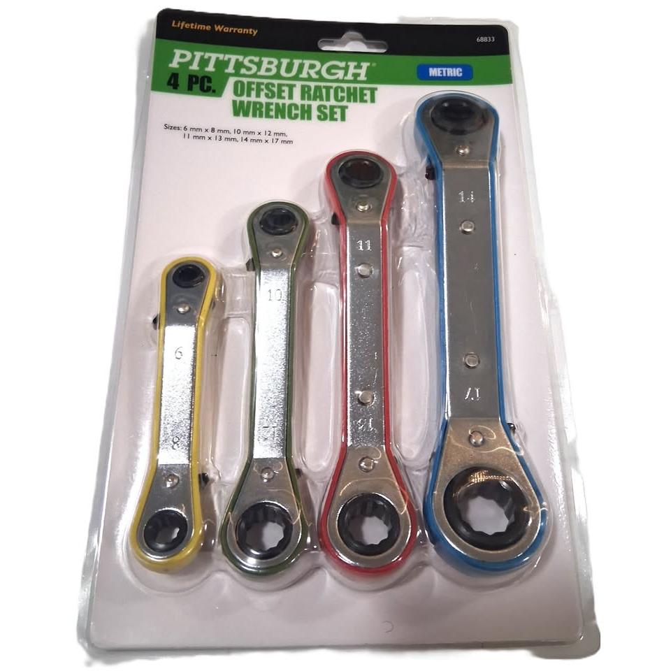 Set 4 Llaves Ratchet Offset Métrico Pittsburgh – 25° Offset | 12 Puntas | Reversible | 6-17mm | Garantía de Por Vida | Modelo 68833