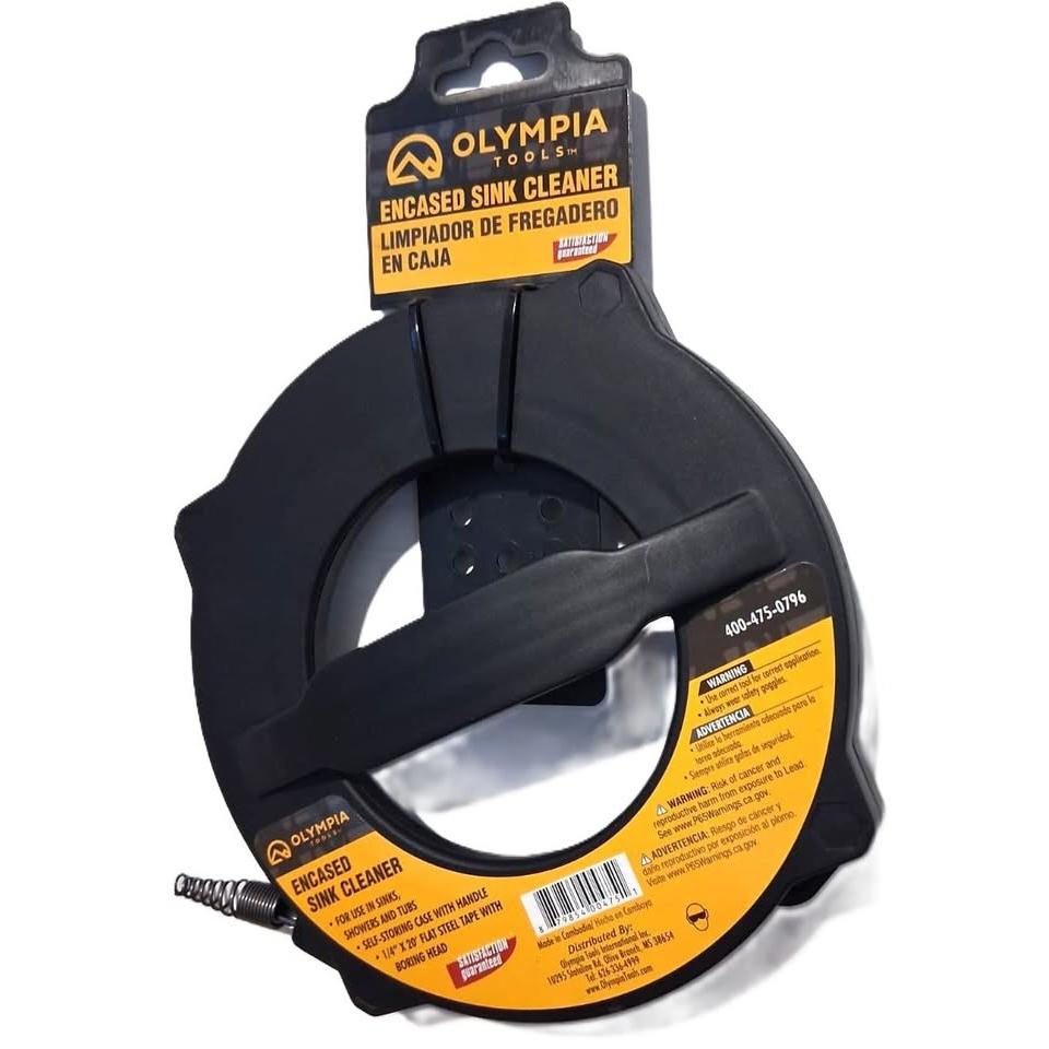 Olympia Tools Encased Sink Cleaner – 1/4" x 20 ft Flat Steel Drain Snake with Case
