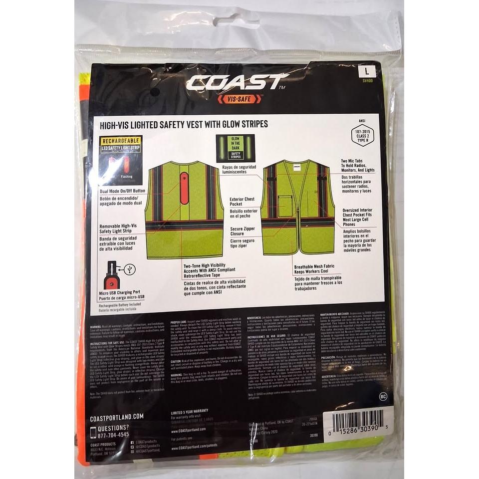Coast Vis-Safe SV400 High-Vis Lighted Safety Vest – Rechargeable LED, ANSI Class 2 (Size L)