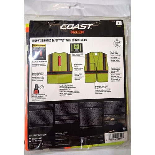 Coast Vis-Safe SV400 High-Vis Lighted Safety Vest – Rechargeable LED, ANSI Class 2 (Size L)