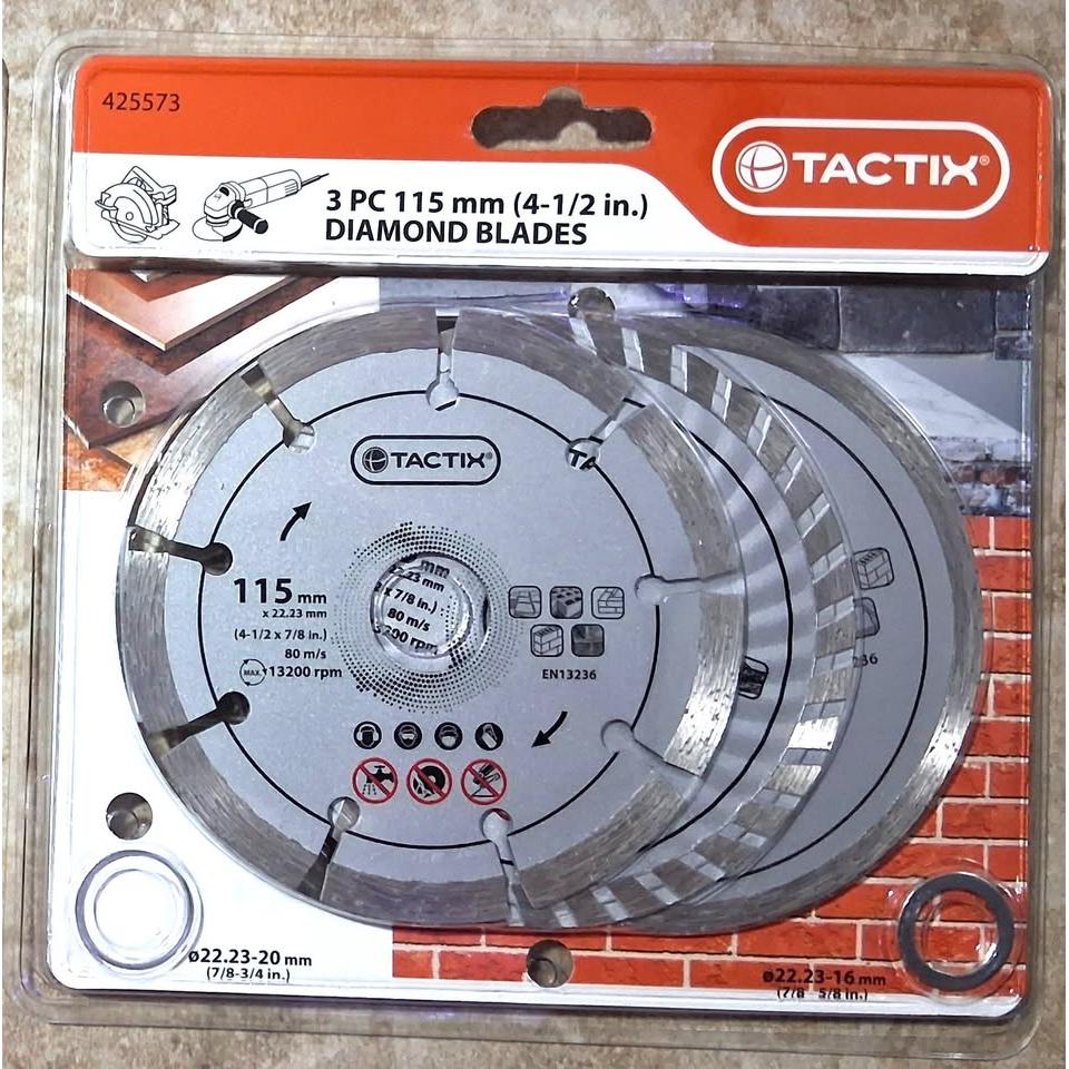 Set 3 Discos Diamante 4-1/2" (115mm) Tactix – Segmentado + Turbo + Continuo | 13,200 RPM | EN13236 | Concreto, Ladrillo y Cerámica