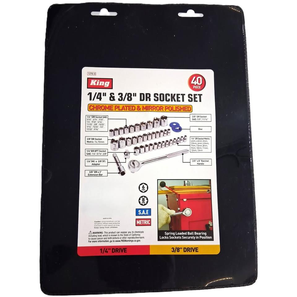 Set 40 Piezas Dados 1/4" y 3/8" Drive King – SAE y Métrico | Cromo Pulido Espejo | 6 y 8 Puntas