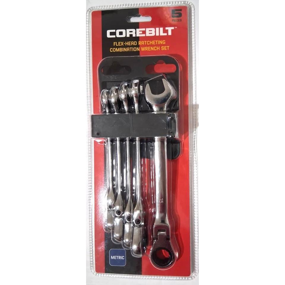 Set 5 Llaves Combinadas Ratchet Flex-Head Métrico Corebilt – 10-15mm | 72 Dientes | 12 Puntas Negro Oxidado | Acero Carbono Cromado | Meets ANSI