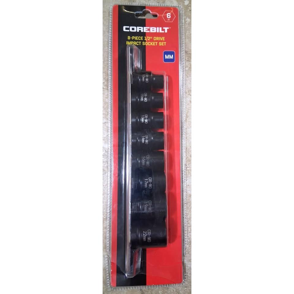 COREBILT Set 8 Dados de Impacto 1/2" Drive Métrico Cr-Mo 6PT Black Phosphate 10mm-22mm