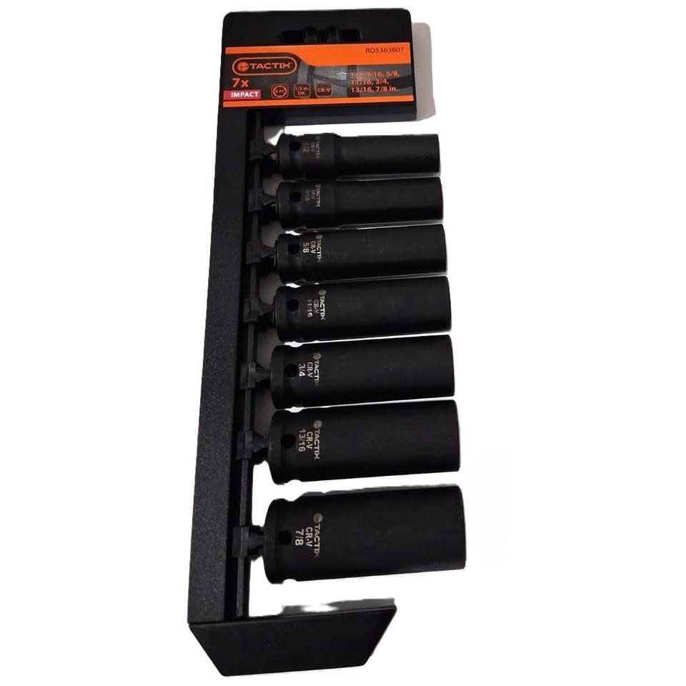 TACTIX Set 7 Dados Largos de Impacto 1/2" Drive SAE Cr-V 6PT Black Finish