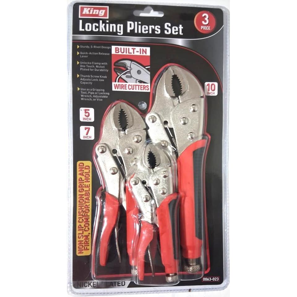 KING Juego 3 Alicates de Presión Locking Pliers 5" 7" y 10" con Cortaalambres Integrado