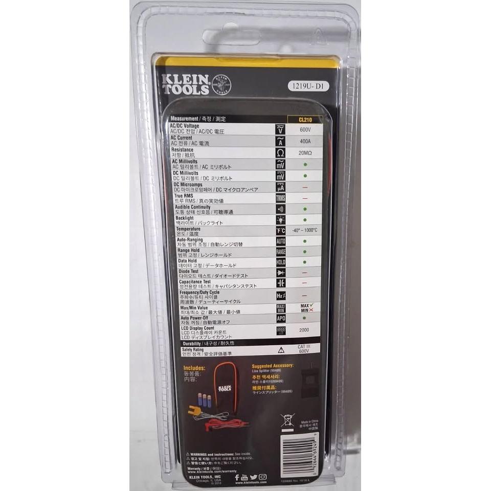 Klein Tools 400A AC Auto-Ranging Digital Clamp Meter – CAT III 600V with Temperature Probe (CL210A)