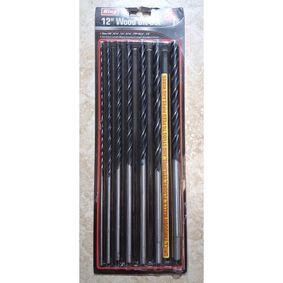 Set 7 Brocas Madera 12" King – Extra Largas Brad Point | 1/8" a 1/2" | Paredes, Pisos y Techos | Paso de Tuberías y Cables