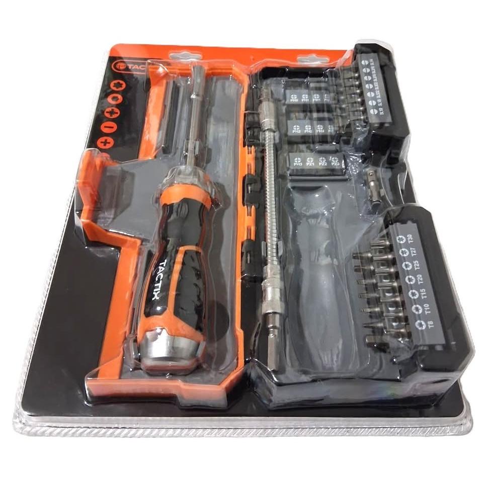 Set 43 Piezas Destornillador Ratchet TACTIX – Long Reach | Barra Extensión Flexible | 40 Puntas PH, PZ, Slotted, Square, Hex y Torx | Modelo 205254V