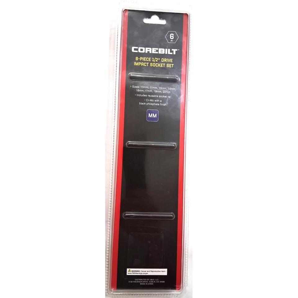 COREBILT Set 8 Dados de Impacto 1/2" Drive Métrico Cr-Mo 6PT Black Phosphate 10mm-22mm