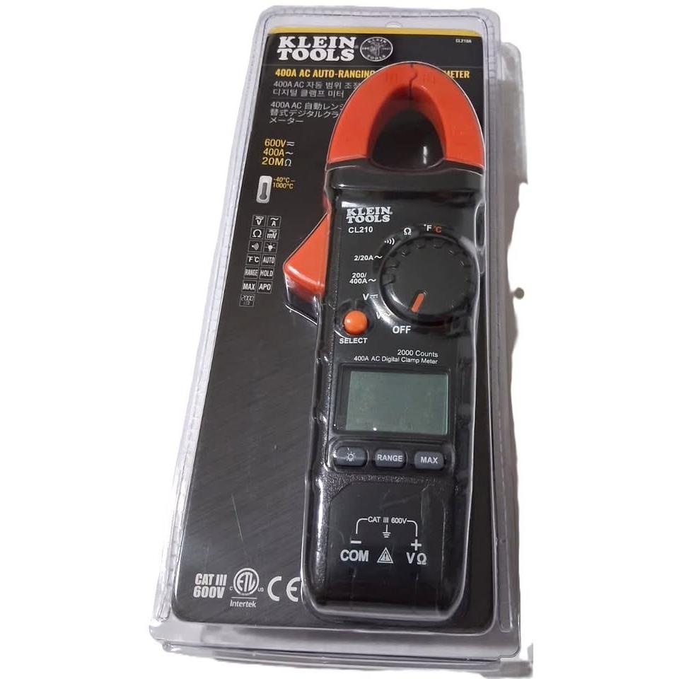 Klein Tools 400A AC Auto-Ranging Digital Clamp Meter – CAT III 600V with Temperature Probe (CL210A)