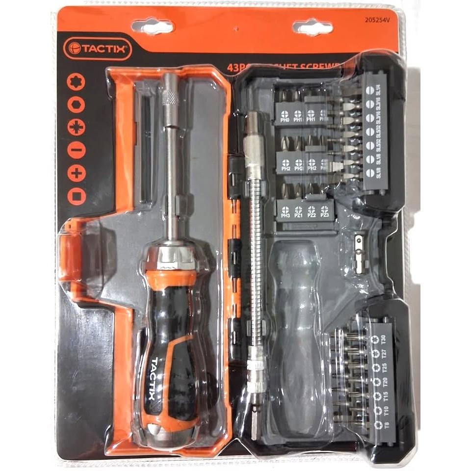 Set 43 Piezas Destornillador Ratchet TACTIX – Long Reach | Barra Extensión Flexible | 40 Puntas PH, PZ, Slotted, Square, Hex y Torx | Modelo 205254V