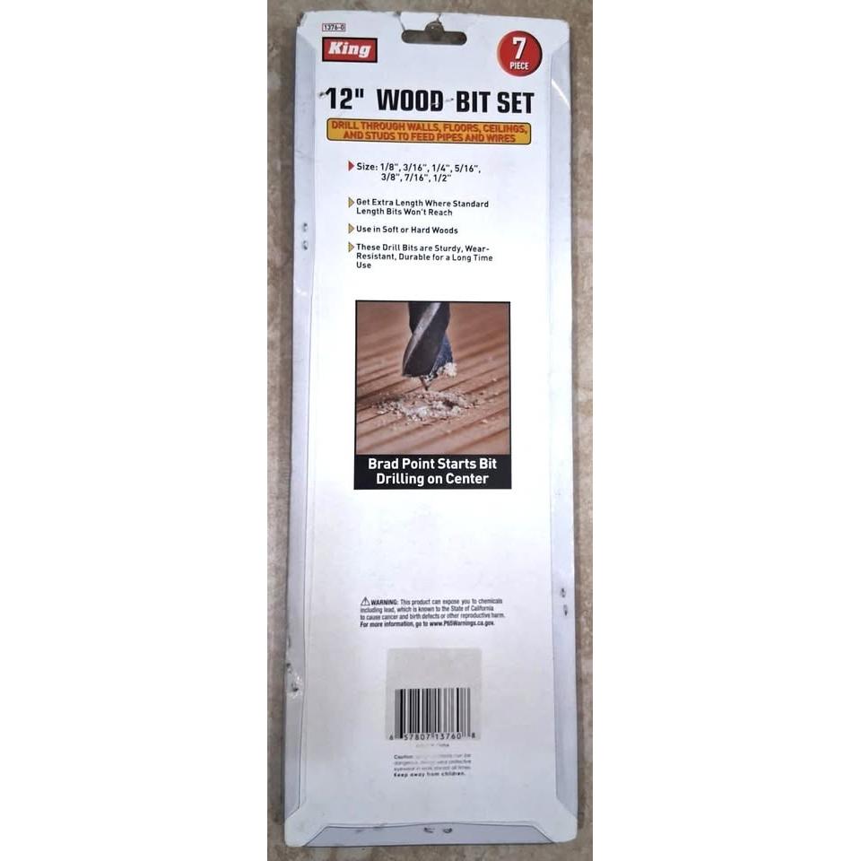 Set 7 Brocas Madera 12" King – Extra Largas Brad Point | 1/8" a 1/2" | Paredes, Pisos y Techos | Paso de Tuberías y Cables