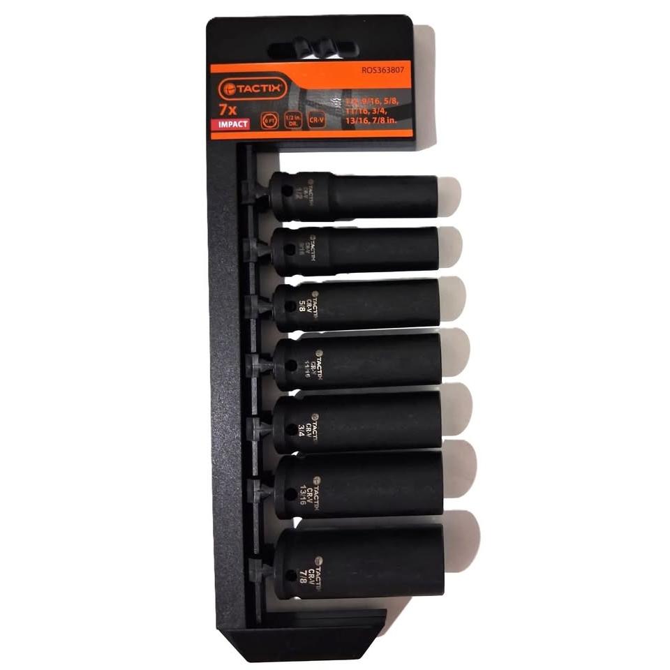 TACTIX Set 7 Dados Largos de Impacto 1/2" Drive SAE Cr-V 6PT Black Finish