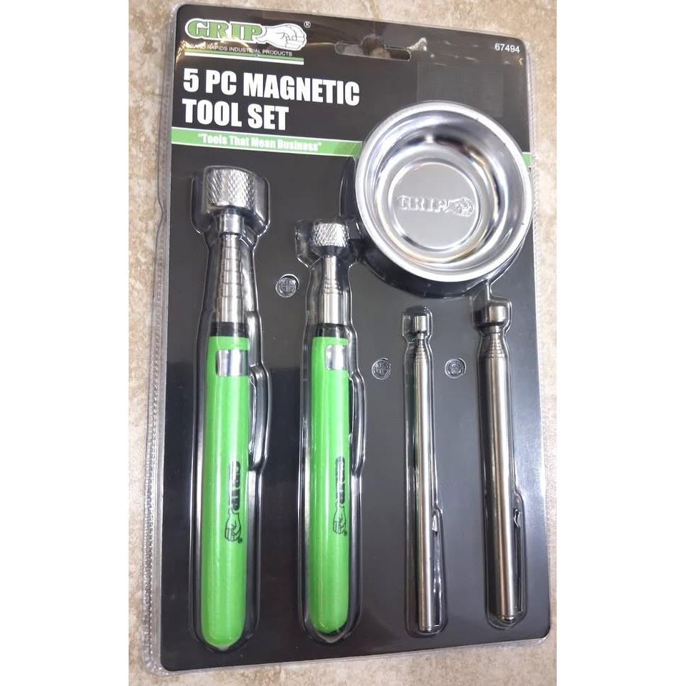 GRIP Juego Herramientas Magnéticas 5 Piezas Verde — Pick Up Tools 2-15 lbs + Bandeja Inox 3"