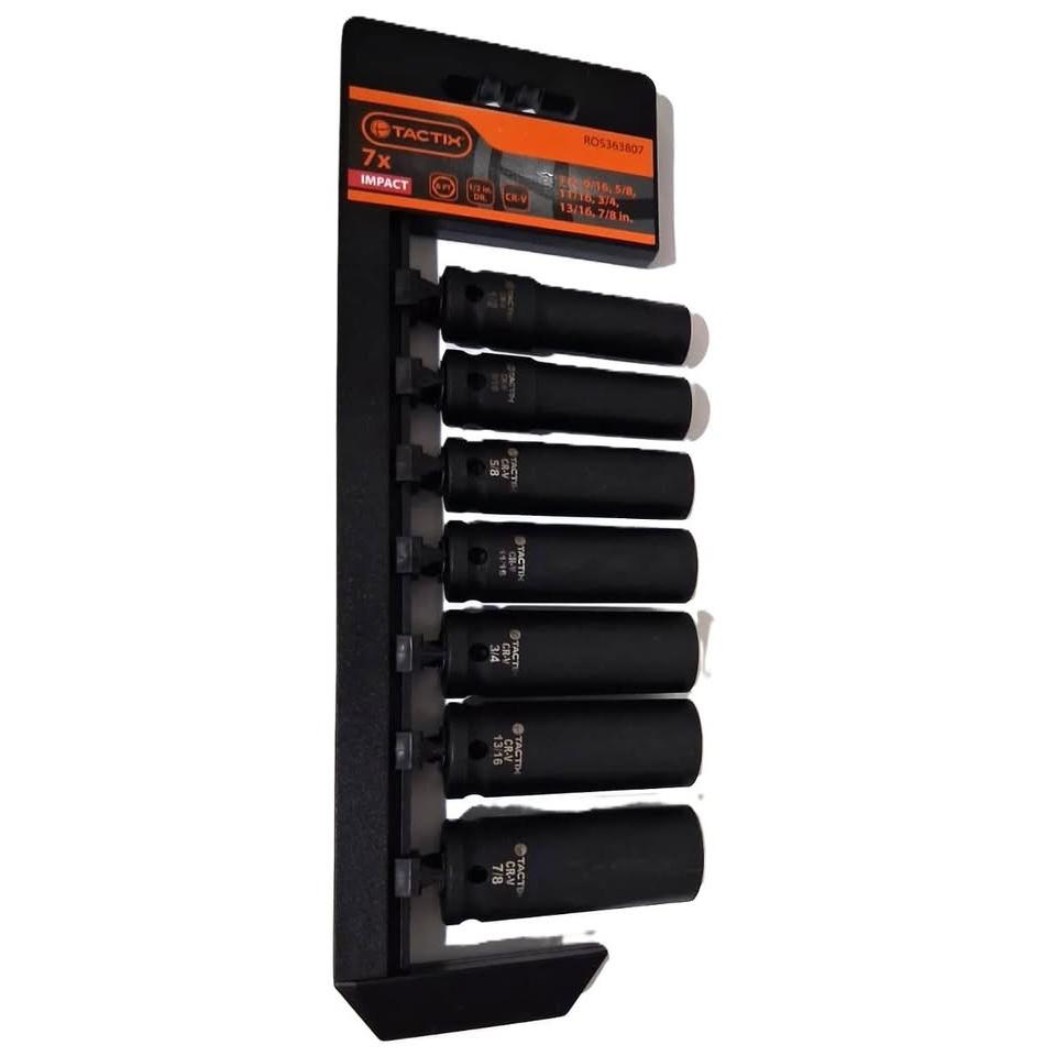 TACTIX Set 7 Dados Largos de Impacto 1/2" Drive SAE Cr-V 6PT Black Finish