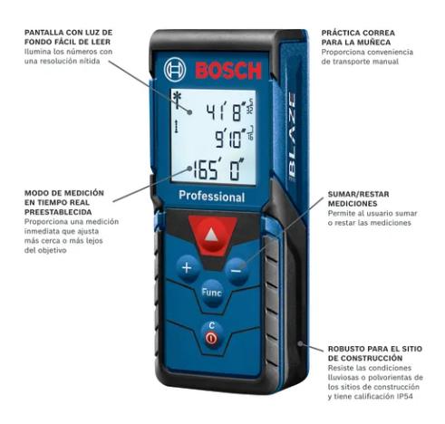 Bosch BLAZE Pro GLM165-40 Laser Measure – 165 ft, Backlit Display, IP54