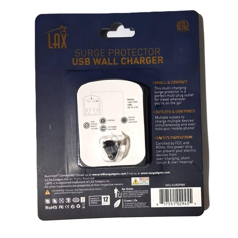 LAX Surge Protector USB Wall Charger – 2 AC Outlets + 2 USB (SUR2PBK)