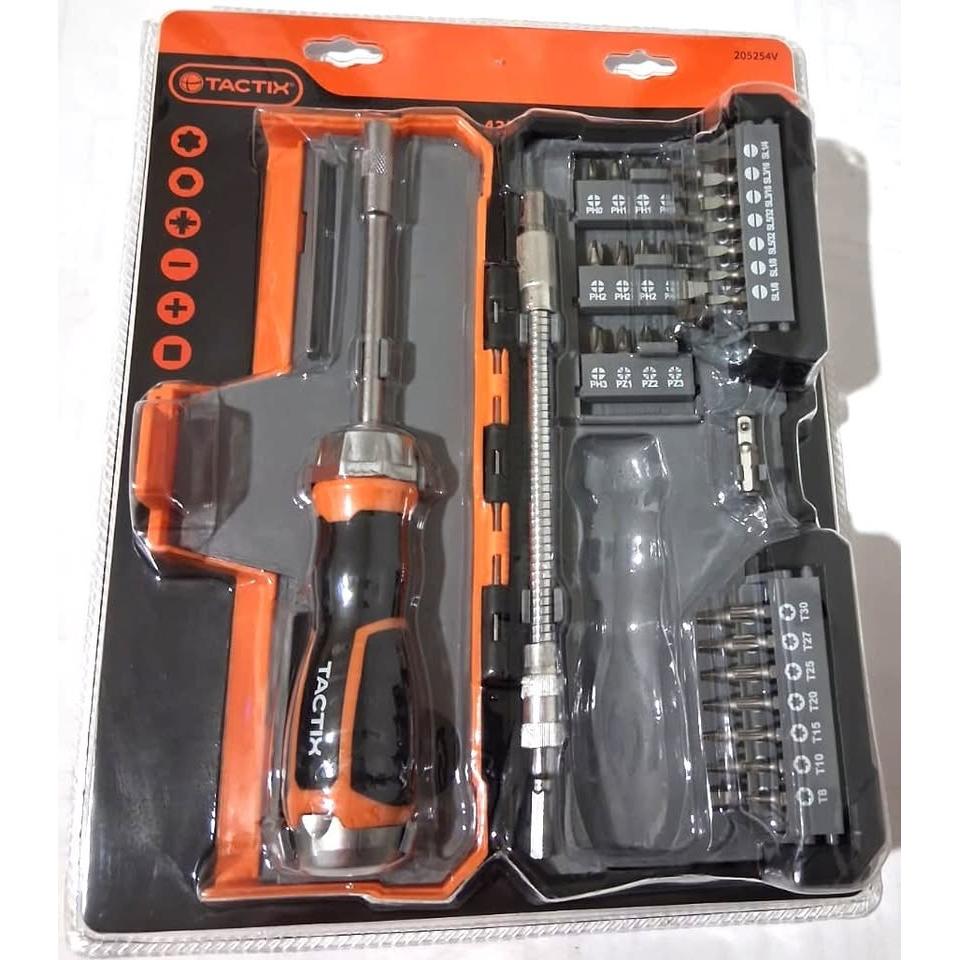 Set 43 Piezas Destornillador Ratchet TACTIX – Long Reach | Barra Extensión Flexible | 40 Puntas PH, PZ, Slotted, Square, Hex y Torx | Modelo 205254V
