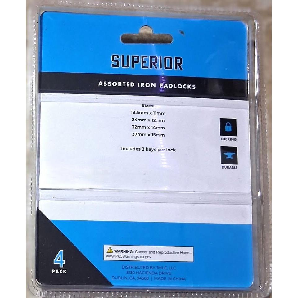 Superior 4-Pack Assorted Iron Padlocks – 4 Sizes, Silver (3 Keys Per Lock)