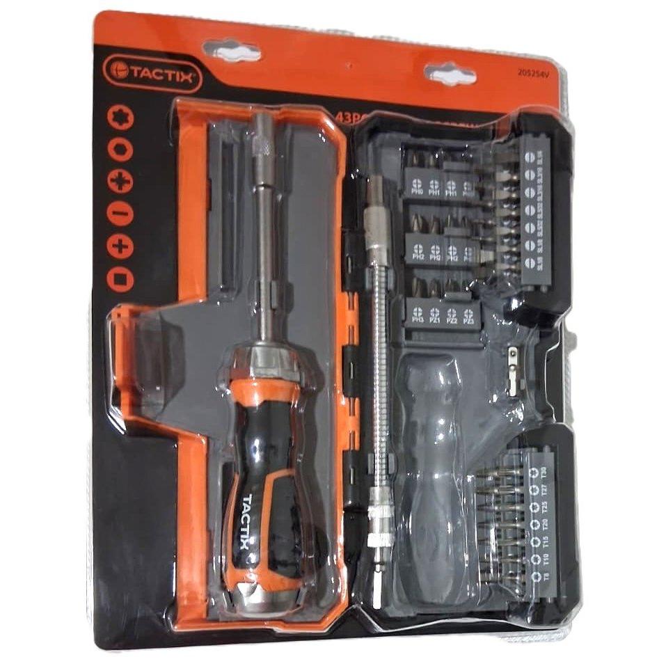 Set 43 Piezas Destornillador Ratchet TACTIX – Long Reach | Barra Extensión Flexible | 40 Puntas PH, PZ, Slotted, Square, Hex y Torx | Modelo 205254V
