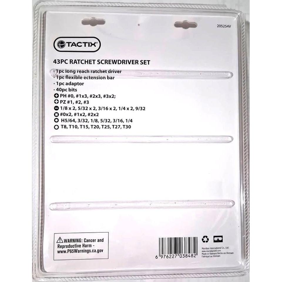 Set 43 Piezas Destornillador Ratchet TACTIX – Long Reach | Barra Extensión Flexible | 40 Puntas PH, PZ, Slotted, Square, Hex y Torx | Modelo 205254V