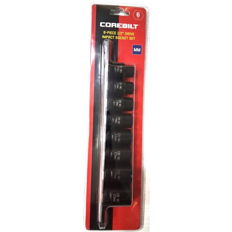 COREBILT Set 8 Dados de Impacto 1/2" Drive Métrico Cr-Mo 6PT Black Phosphate 10mm-22mm