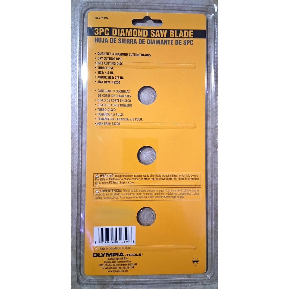 Set 3 Discos Diamante 4.5" Olympia Tools – Turbo + Corte Húmedo + Corte Seco | 13,200 RPM | Concreto, Ladrillo y Cerámica