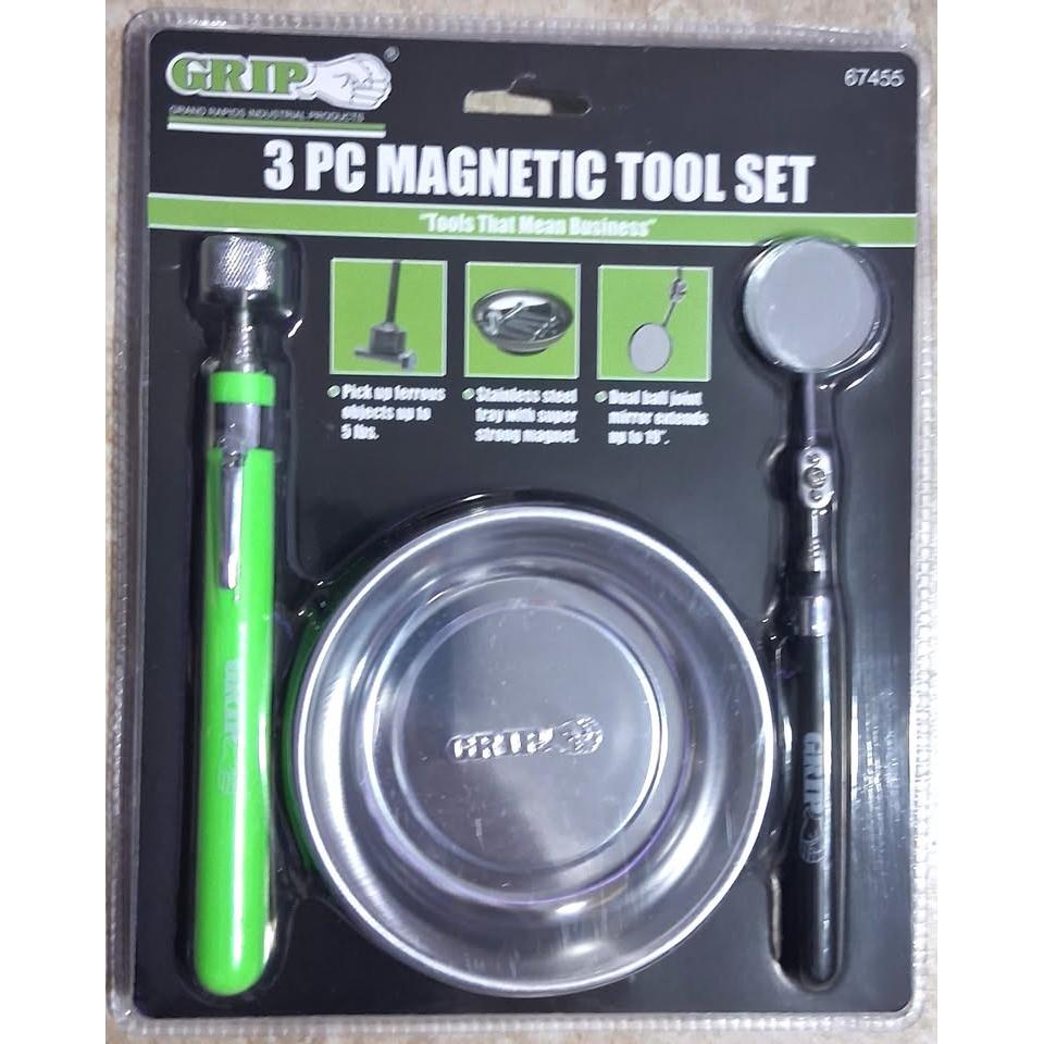 GRIP Set Herramientas Magnéticas 3 Piezas Verde — Pick Up 5 lbs + Bandeja Inox + Espejo Telescópico