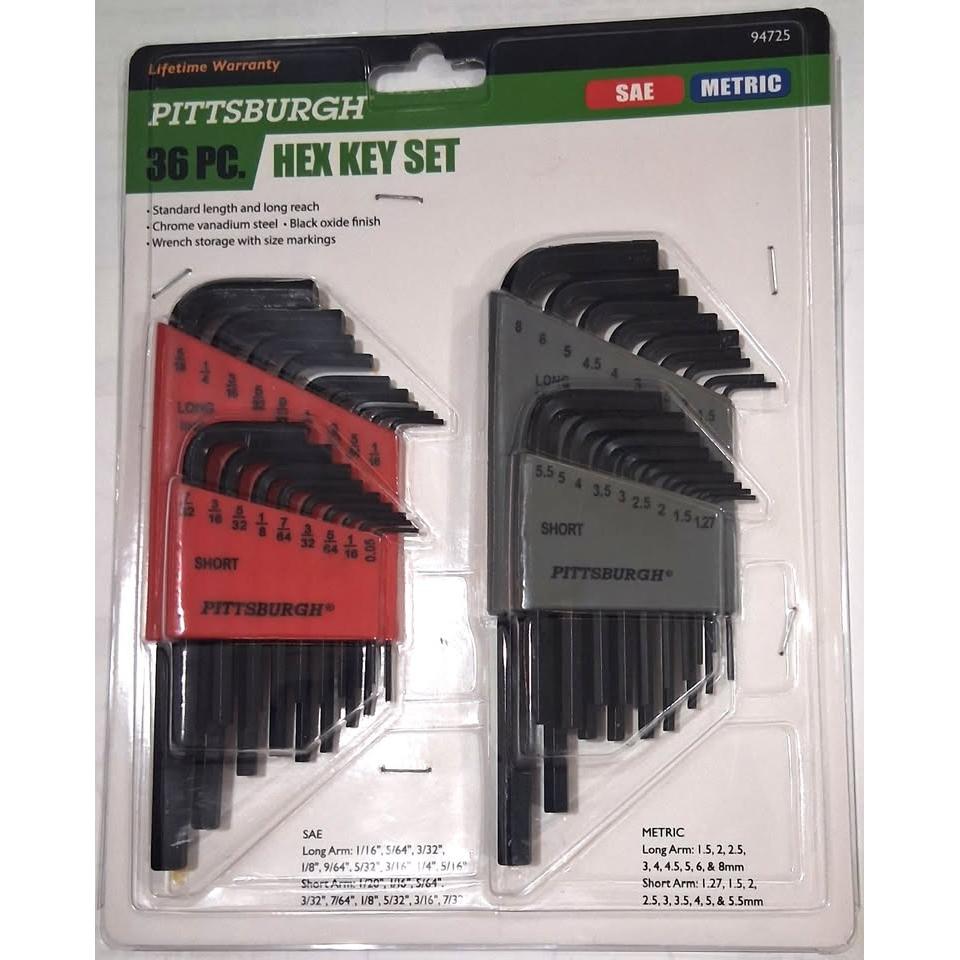 Set 36 Llaves Allen Pittsburgh – SAE + Métrico | Long Arm + Short Arm | Cromo Vanadio Negro Oxidado | Soporte con Tallas | Lifetime Warranty | Modelo 94725