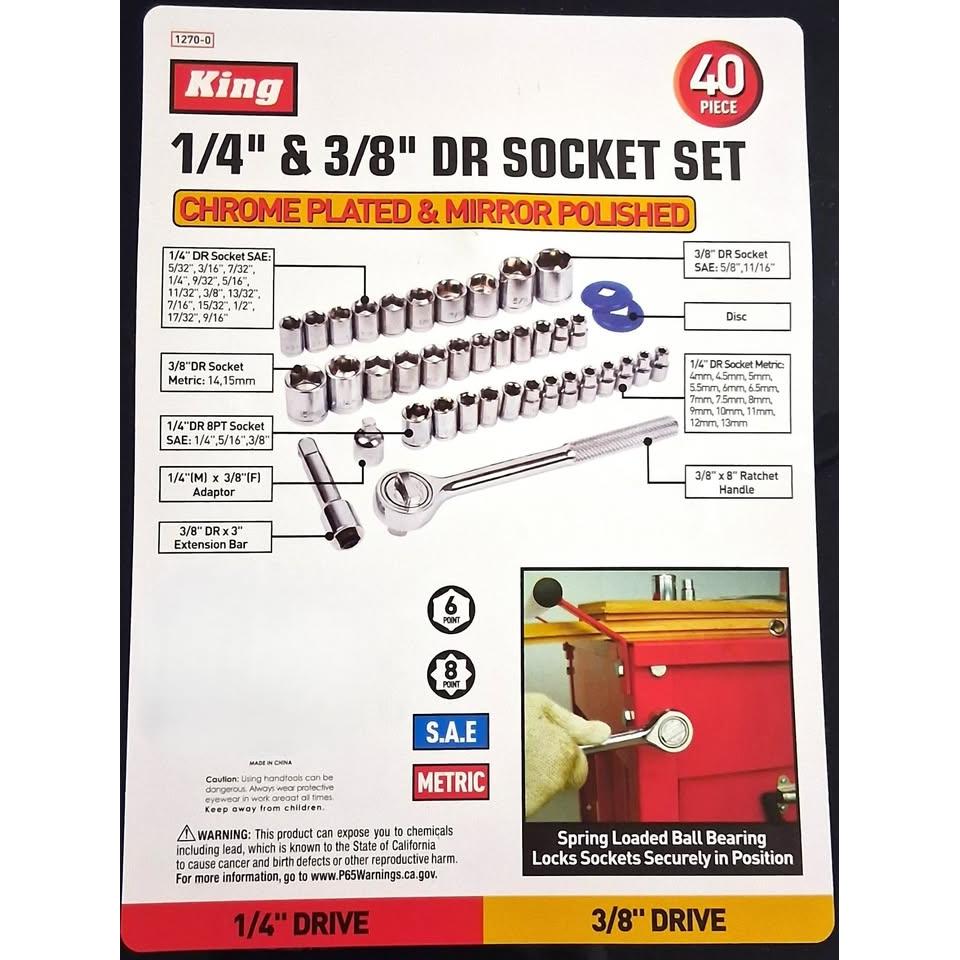 Set 40 Piezas Dados 1/4" y 3/8" Drive King – SAE y Métrico | Cromo Pulido Espejo | 6 y 8 Puntas